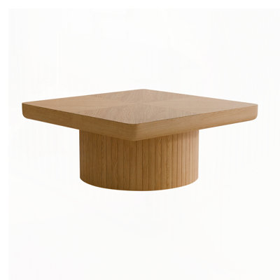 Square Coffee Table for Living Room, Modern Wood Veneer Top with Parquet Pattern and Cylindrical Base, Thickened Tabletop, Easy Assembly