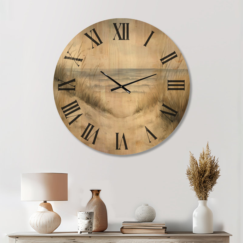 Quiet Dune Path I - Grande horloge murale beige de style côtier, imprimée sur bois, Médium