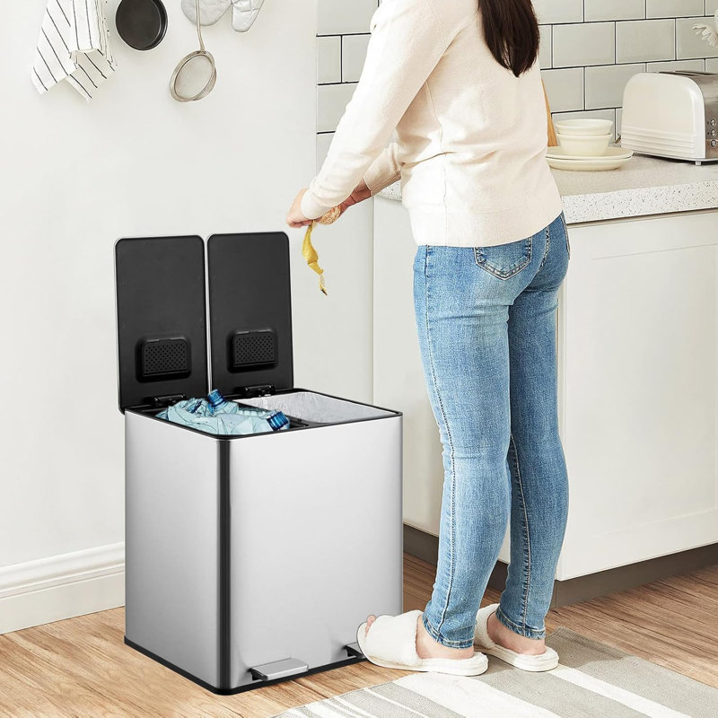 Poubelle à pédale double en acier inoxydable 2 x 4 gallons (2 x 15 L), poubelle rectangulaire pour cuisine avec 2 compartiments, seaux intérieurs amovibles, couvercle à fermeture en douceur