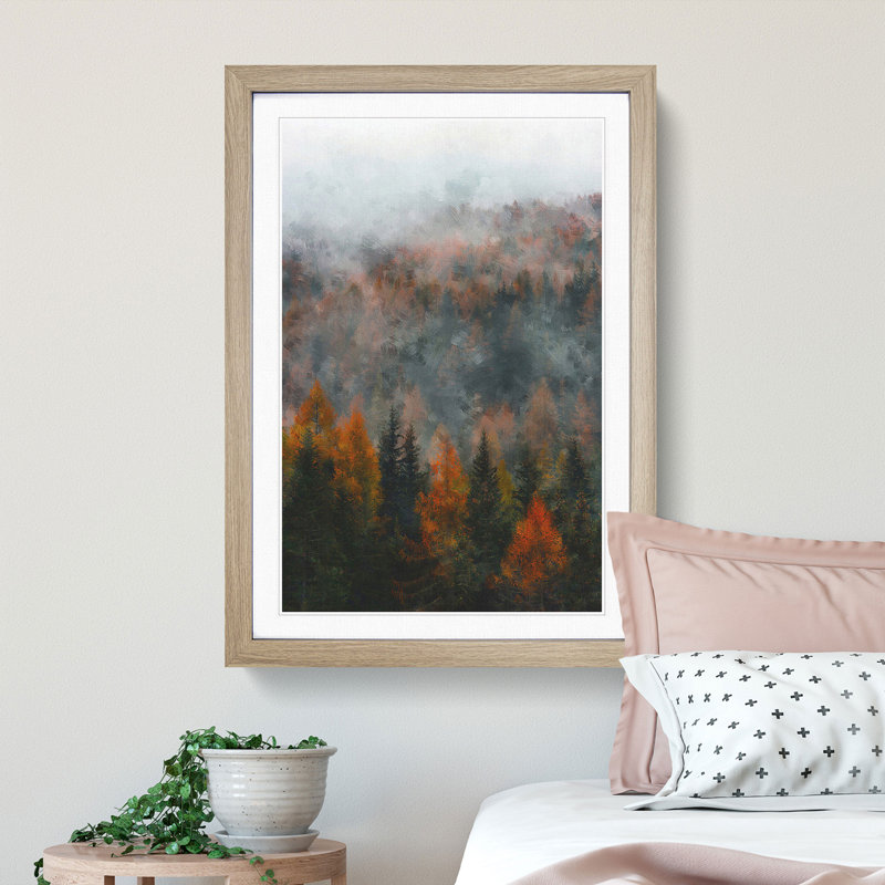 Misty Forest in the Autumn - Picture Frame Painting Print, 33cm H x 24cm W x 2cm D, Oak Framed