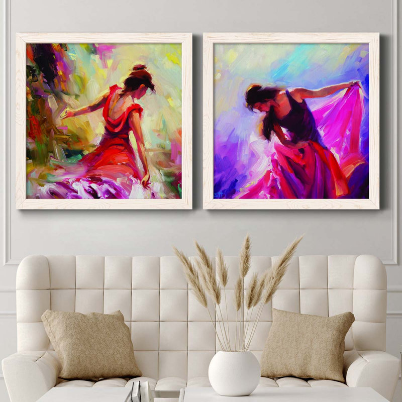 Danseuse - ensemble de 2 peintures sur toile encadrées, H 35,5 po x l 71 po x P 1,5 po, Cadre blanc
