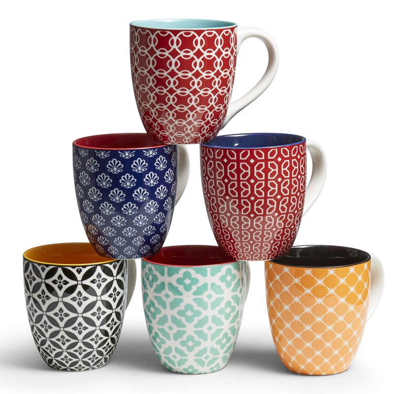 16 oz Tasse à café en grès (ensemble de 6), tasses bicolores style American Diner, 19 oz, Multi-couleur