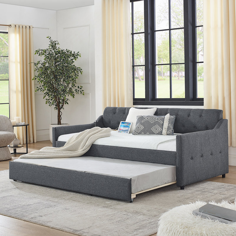 Twin Size Upholstery Daybed With Twin Size Erectable Trundle And USB Charging Design