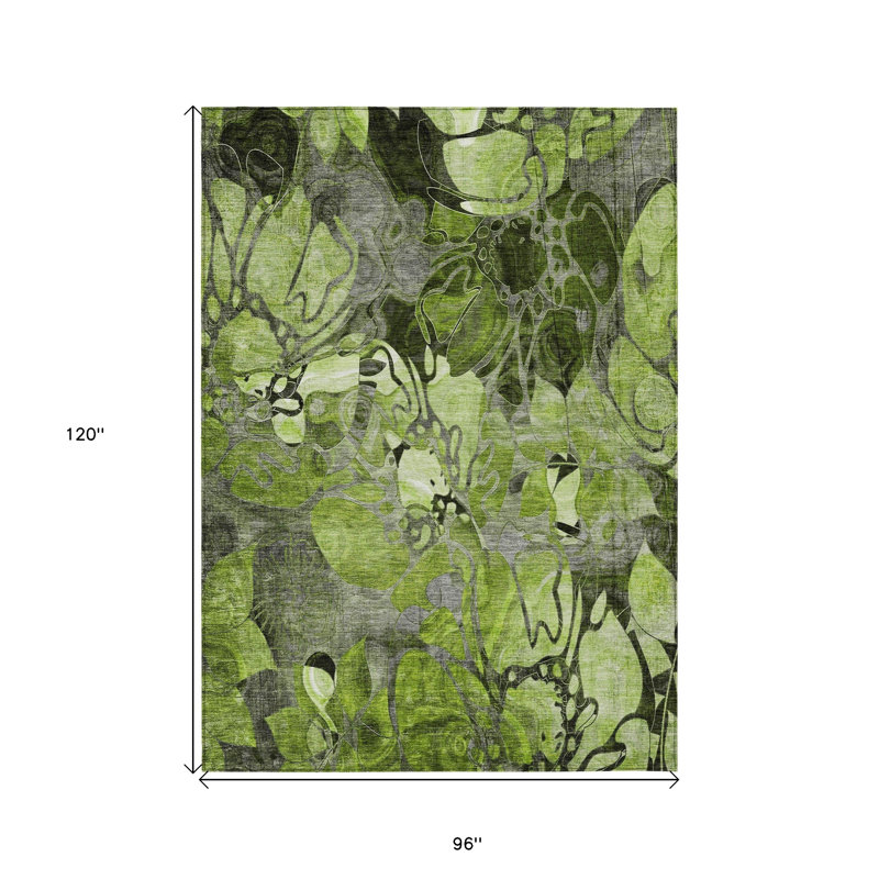 Fern Green and Gray Floral Washable Synthetic 8' x 10' Area Rug