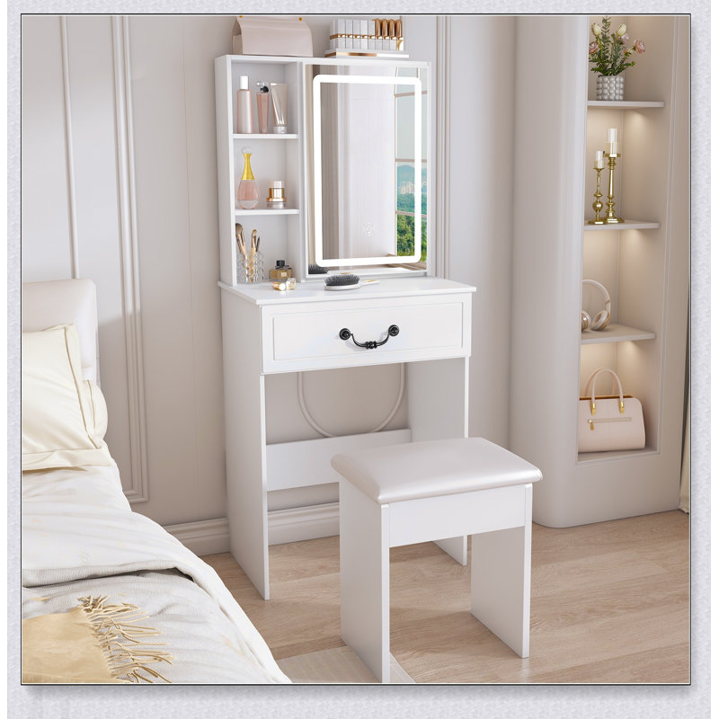 Mini coiffeuse moderne avec miroir éclairé à DEL et rangement dissimulé, tabouret rembourré, bureau de coiffeuse à luminosité réglable, tablettes à plusieurs niveaux résistantes à la poussière