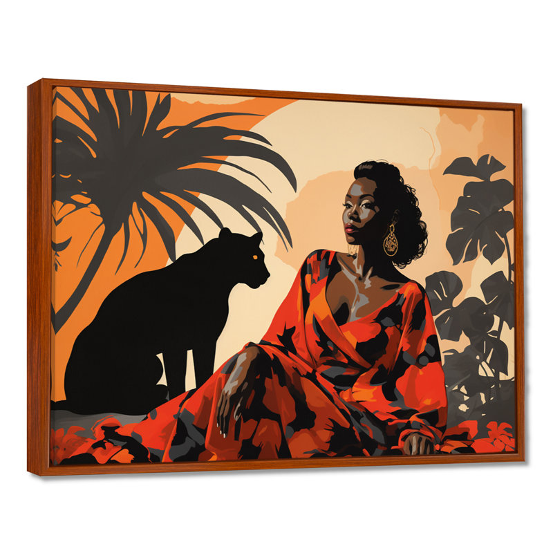 Panthère noire avec femme aimable compagnon - art mural animal de panthère, Toile avec cadre flottant brun