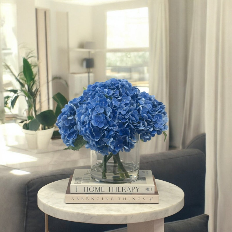 Real Touch Hydrangea Floral Arrangement in a Glass Vase, Blue