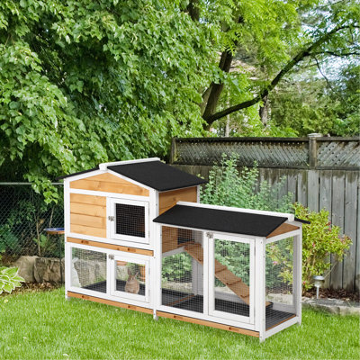 Cage à lapin en bois à 2 étages avec rampe, plateau anti-fuites, toit résistant aux intempéries et à l'extérieur, intérieur / extérieur PawHut