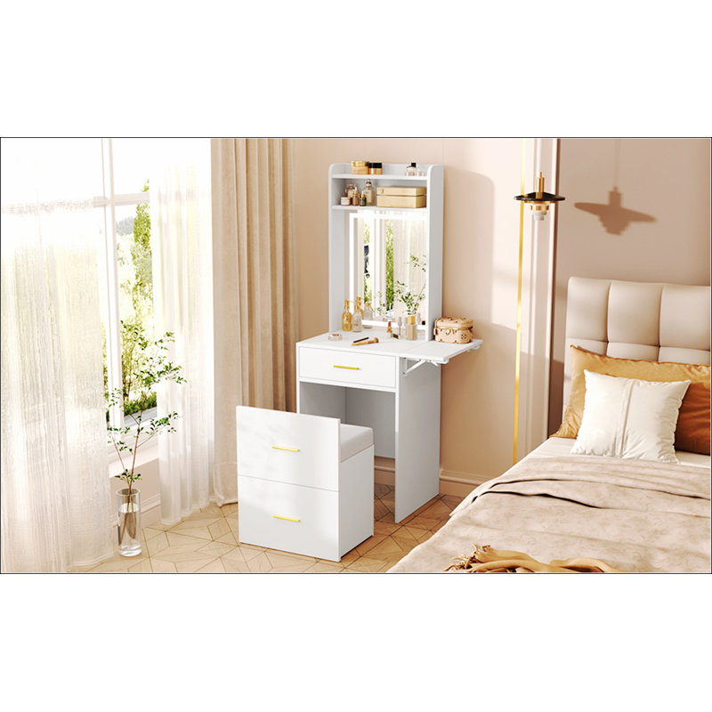 Small Vanity Desk with Mirror and Light, Dressing Table with Charging Station & Fold-up Panel for Small Space, Compact Makeup Vanity Set with Hidden Stool for Bedroom