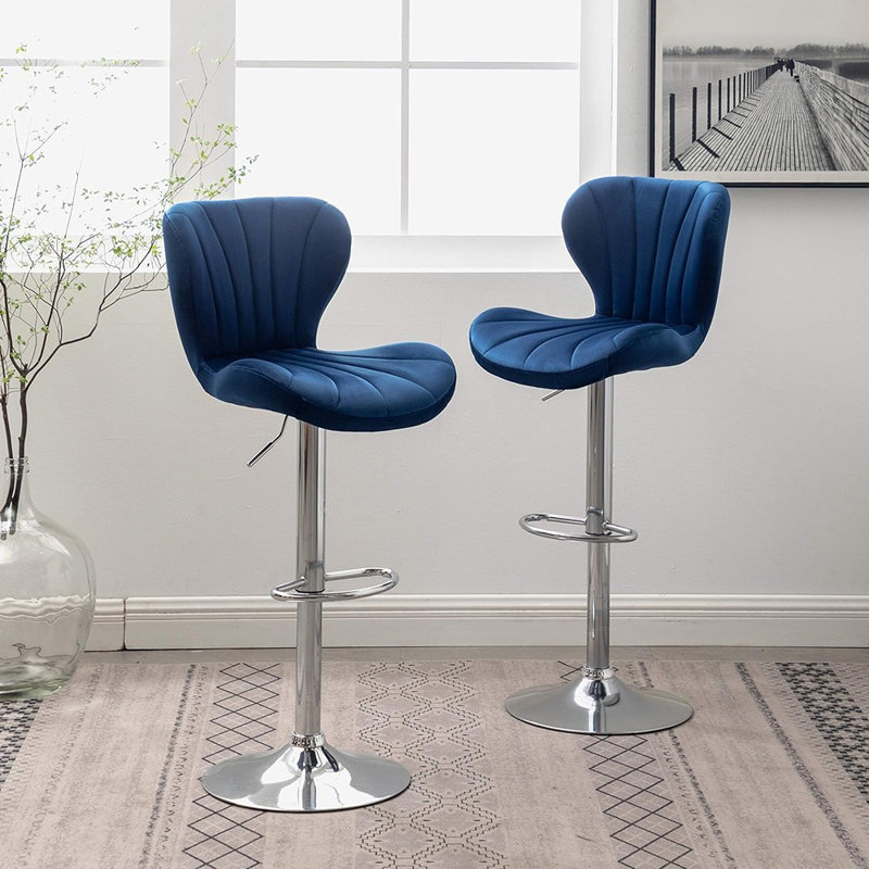 Set Of 2 Velvet Adjustable Swivel Bar Stools, Blue