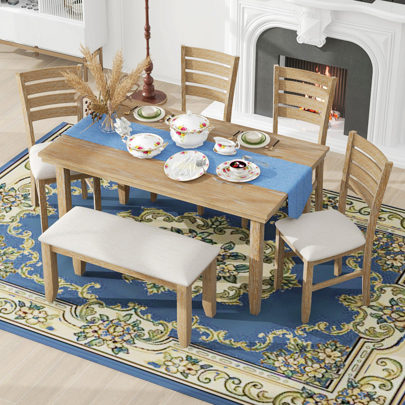 Table de salle à manger avec chaises et banc, ensemble de table à manger pour la maison, Beige / bois naturel délavé