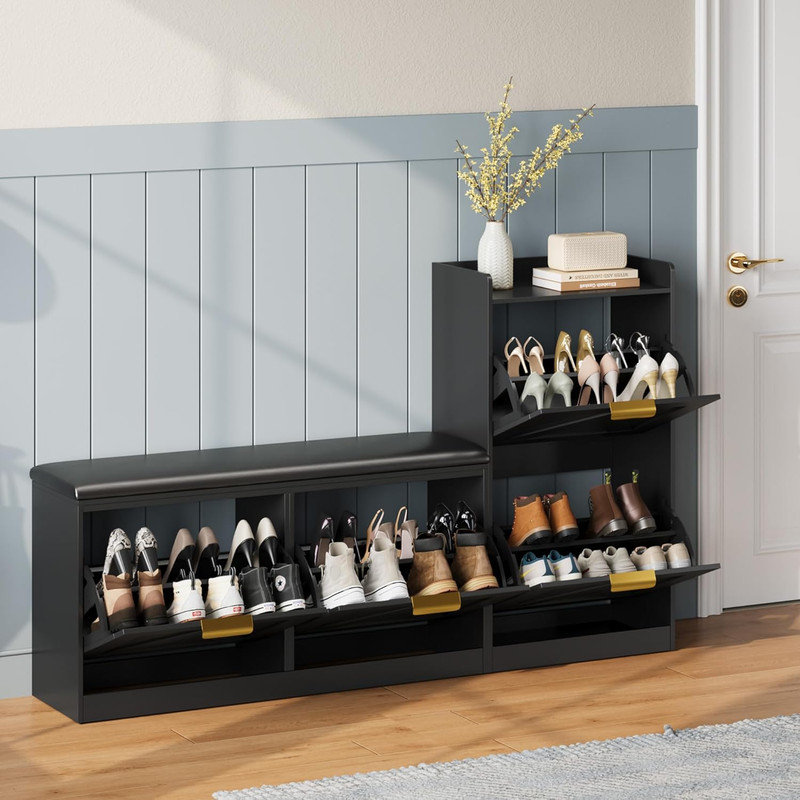 Shoe Storage Cabinet with Bench, 4 Flip‑Drawer Entryway Organizer with Cushioned Seat for 35‑40 Pairs, Black