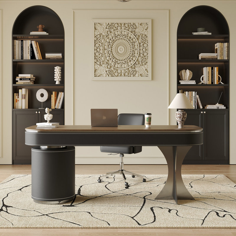 Black Rectangular Solid Wood with 5 drawers desk, 29.53" H x 55.12" W x 27.56" D, Left Hand Return