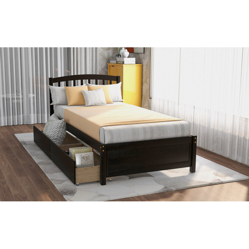 Twin Platform Storage Bed Wood Bed Frame With Two Drawers And Headboard, Espresso