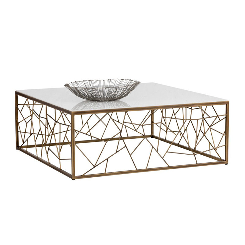 White Marble and Bronze Square Coffee Table