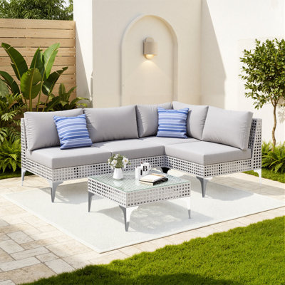Open-Weave L-Shaped Outdoor Conversation Set with Cushions and Coffee Table for Patio or Garden by Wrought Studio