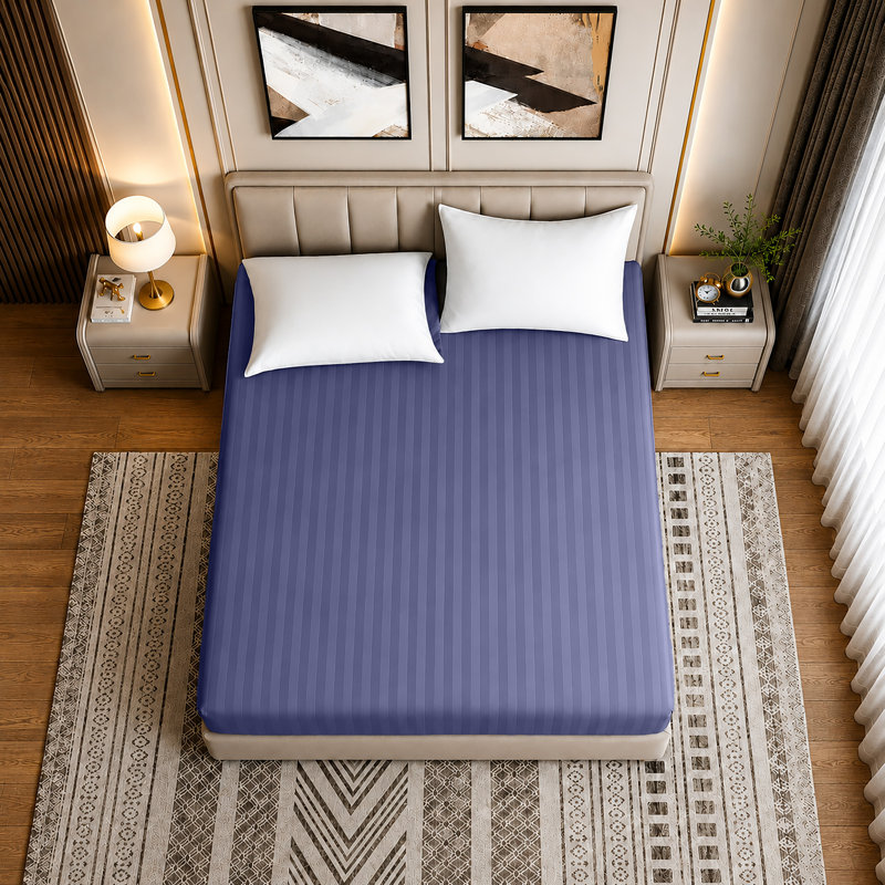 Luxury Striped Microfiber Fitted Sheet - 40 cm Deep Pocket, Ultra-Soft, Wrinkle-Resistant & Easy Car, Single (3'), Blue