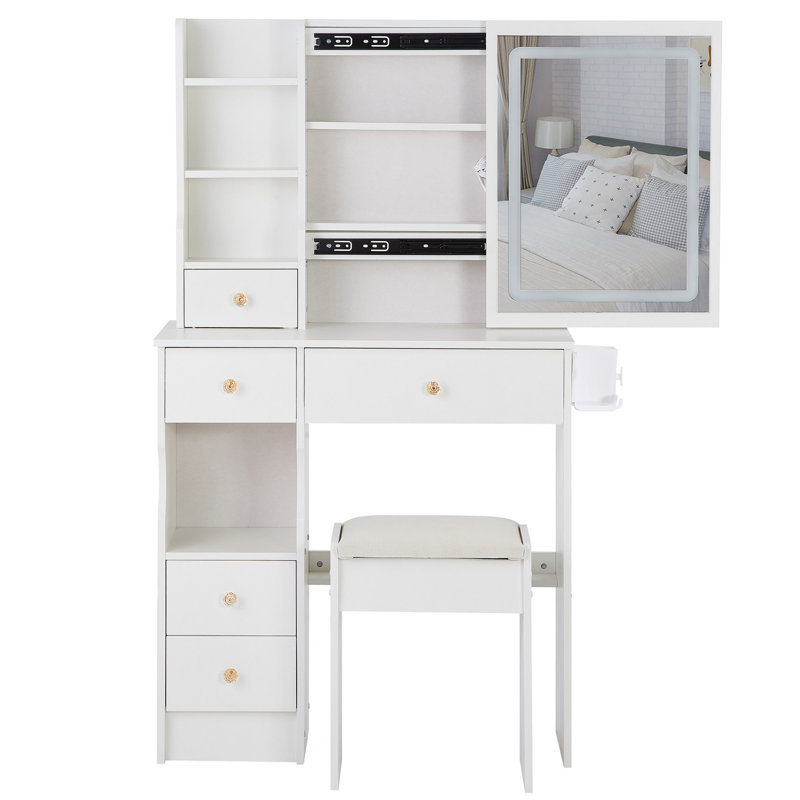 Petit meuble-lavabo de 29,2 po avec tiroir à gauche + tabouret rembourré, 2 blocs d'alimentation CA + 2 ports USB, support pour séchoir à cheveux, très grand miroir à DEL coulissant à contrôle tactile, changement de luminosité tricolore, réglage de la luminosité
