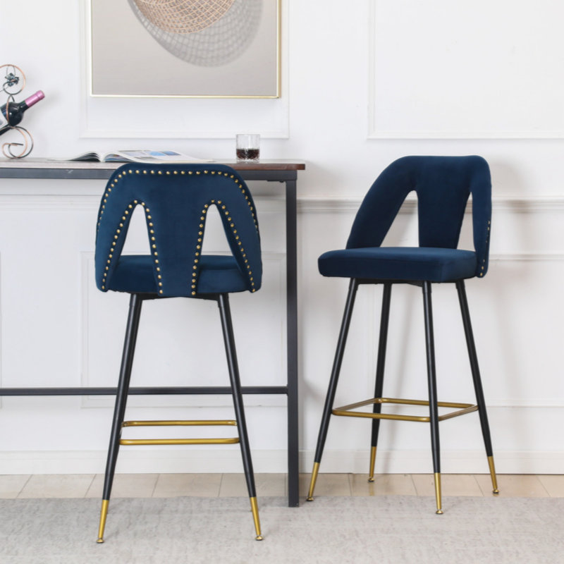 Ensemble de 2 tabourets et tabourets de bar contemporains en velours de 28 po Connor, Bleu