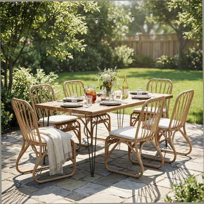 Ensemble de salle à manger 7 pièces pour 6 personnes, table rectangulaire avec plateau en bois d'acacia et chaises en rotin, grand ensemble de mobilier moderne de 72 po pour patio, terrasse, cour arrière, porche