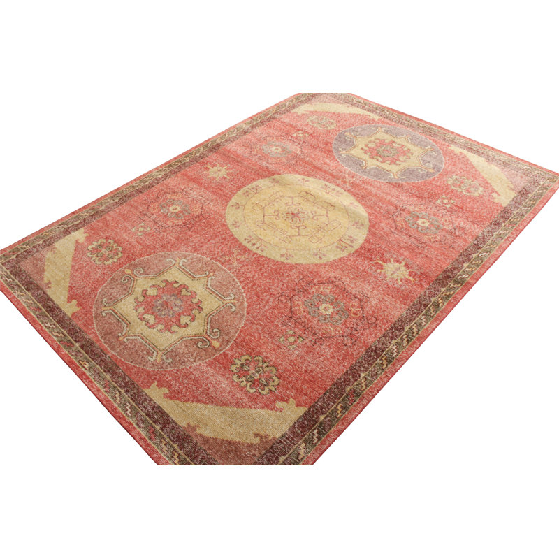 Distressed Homage Hand Knotted Wool Floral Area Rug in Red, Beige, Blue, Gold, Rectangle 10' x 14'