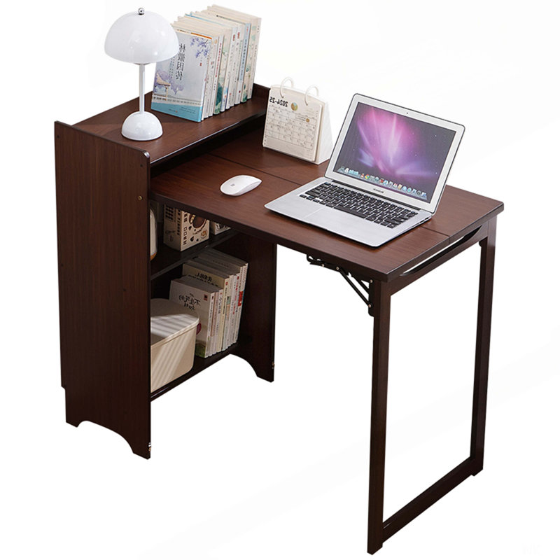 Bureau pliant en bambou, bureau pliable pour petit espace, bureau d'ordinateur avec rangement caché, table pliable Mid-Century pour le bureau personnel et la chambre à coucher (brun noyer)