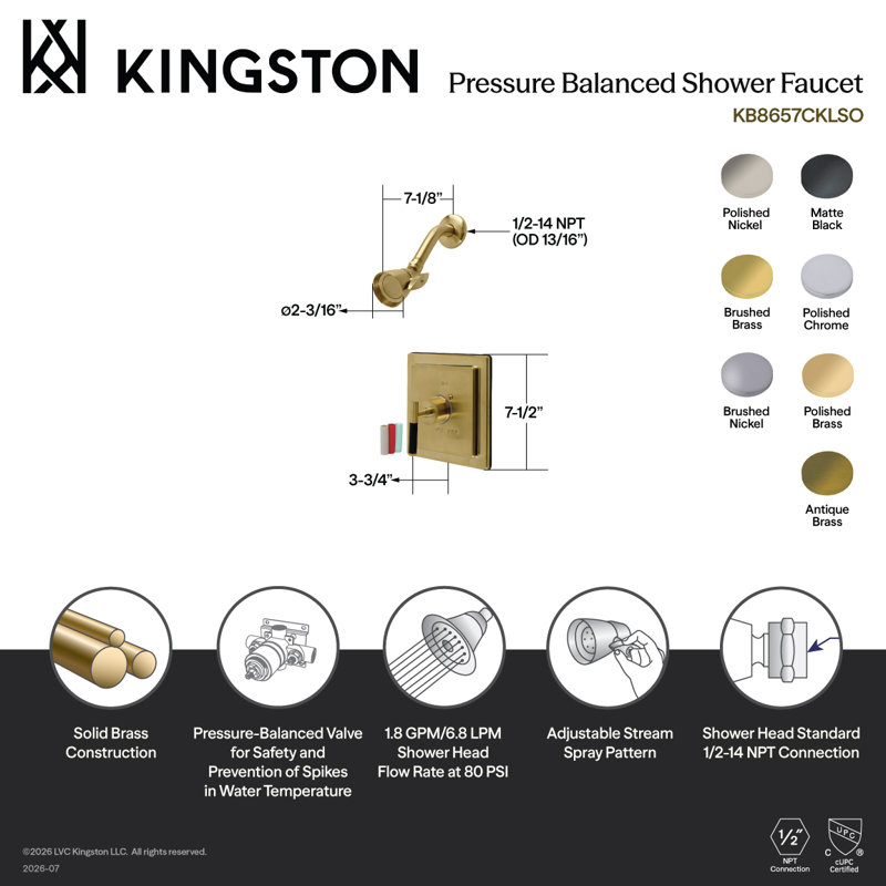 Kingston Brass Kaiser Single-Handle Pressure Balanced Tub and Shower Faucet, Polished Brass