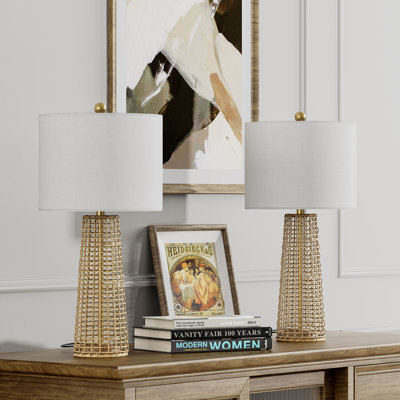 26.5 in. Gold Traditional Dimmable Wicker/Rattan For Bedroom Living Room Bedside Desk Nightstand Table Lamp With Linen Drum Shade