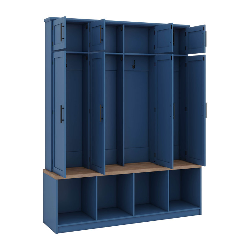 Farmhouse Hall Tree With 4 Hanging Hooks,Mudroom Wood Grain Bench With Open Compartments, Blue