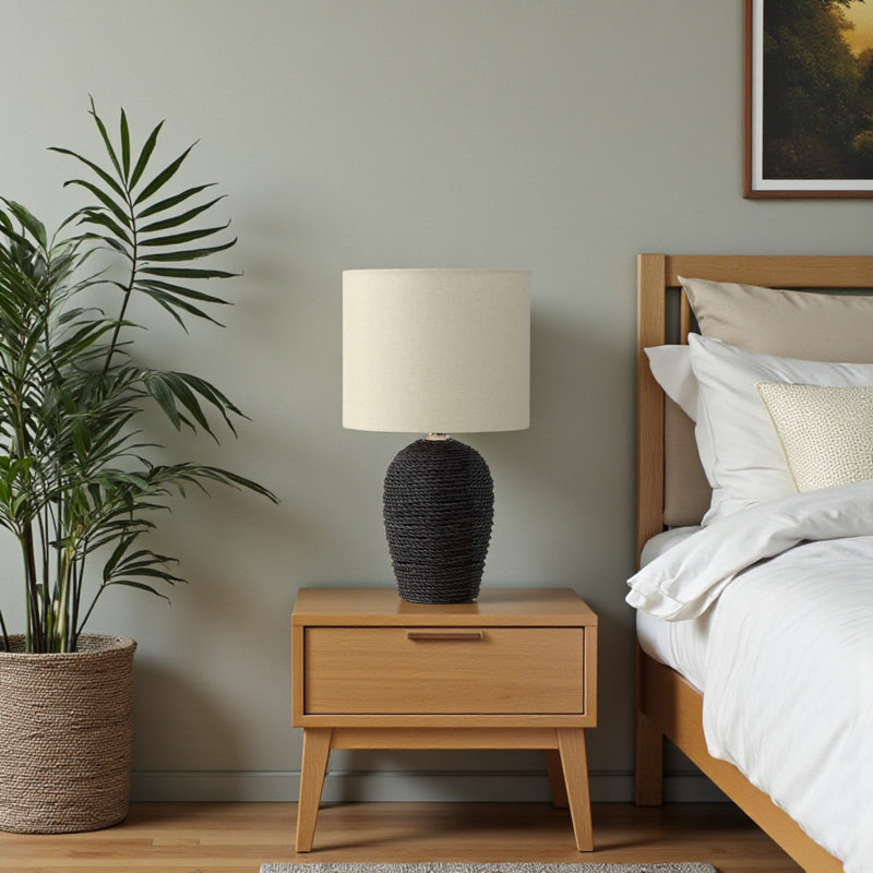 Lene Standard Rattan Table Lamp in Black and Beige Shade, 16.21'' H X 9.3'' W X 9.3'' D
