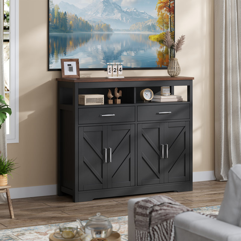 47" Farmhouse Buffet Cabinet with 4 Doors, Kitchen Storage Cabinet & Sideboard, Large Coffee Bar Cabinet with Adjustable Shelves for Dining Room, Entryway, Living Room, Buffet Sideboard, Black