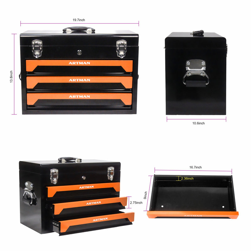 Heavy Duty Black and Orange 3-Drawer Steel Tool Chest