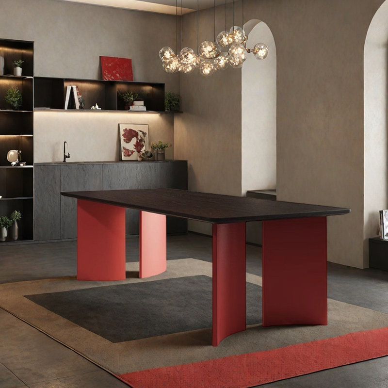 Modern Rectangular Red And Black Solid Wood Table, 29.52"H x 62.99"L x 31.49"W