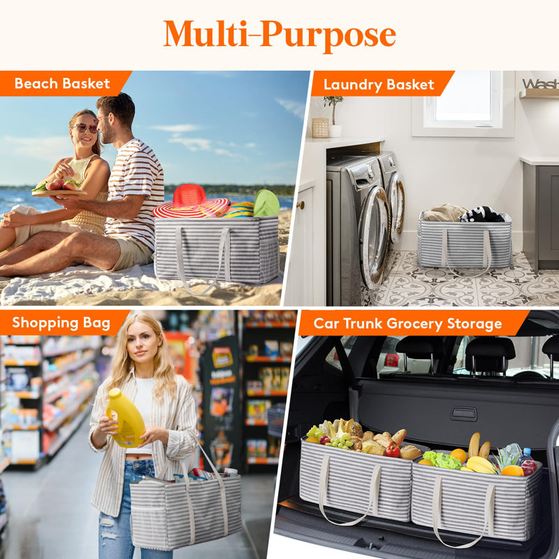 Extra Large Tote Bag, Reusable Grocery Bags With Metal Wire Frame And Handles, Standing Utility Foldable Shopping Bags For Storage, Picnics, Beach, Pool, Laundry, Car, Camping, 1 Pack, Grey
