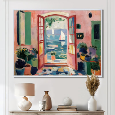 «Italian Summer Window Scenery - Coastal Windows», reproduction d'art sur toile rose