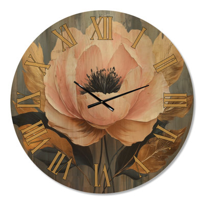 Pivoines Feuille d'Or II - Horloge murale décorative glamour, imprimée sur bois
