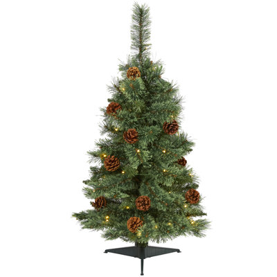 Home Imports Emporium 3ft. Pre-Lit, White, Mountain Pine Artificial Christmas Tree with 50 Clear LED Lights and Pine Cones, Prelit Christmas Tree with 83 Bendable Branches