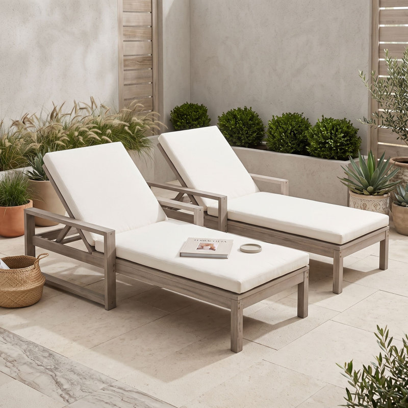 Chaises longues d'extérieur en bois à 5 positions avec coussins, dossiers réglables et accoudoirs intégrés, Grey