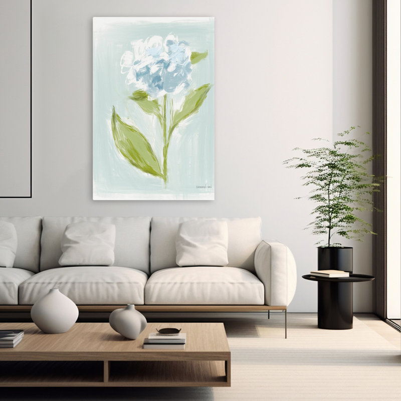 Mystic Summer I, contemporain, bleu, floral, blanc, vert, hortensia, H 60 po x l 40 po