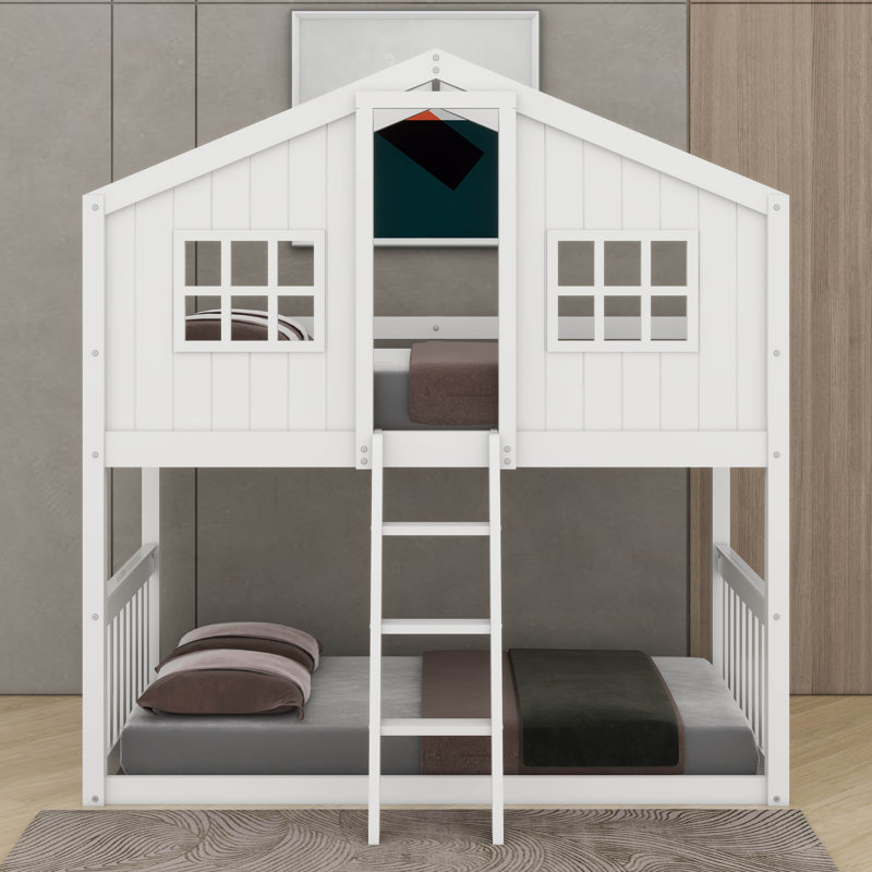 Twin Over Twin House Bunk Bed With Ladder, White