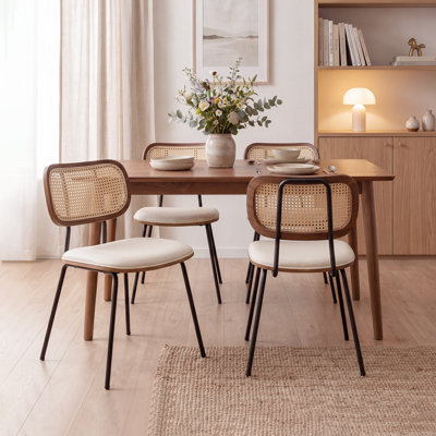 Chaise de salle à manger en cuir avec dossier en rotin Basilina (ensemble de 4)