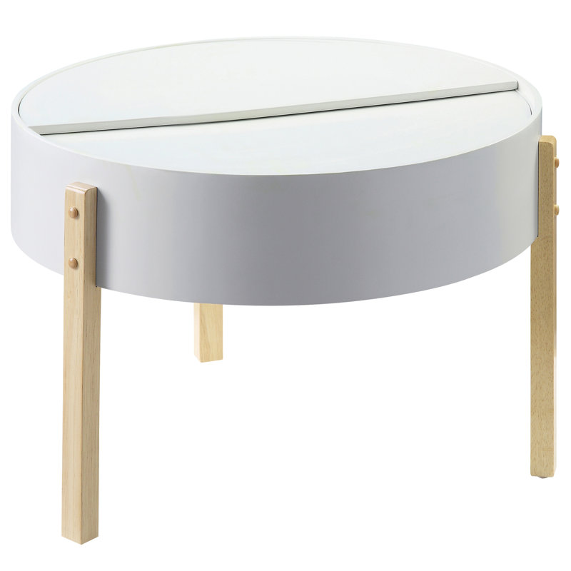 Table basse blanche et naturelle avec rangement dissimulé