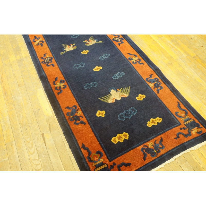 Antique Blue Early 20th Century Chinese Cranes Cloud Bands Temple Design Peking Hallway Runner Rug