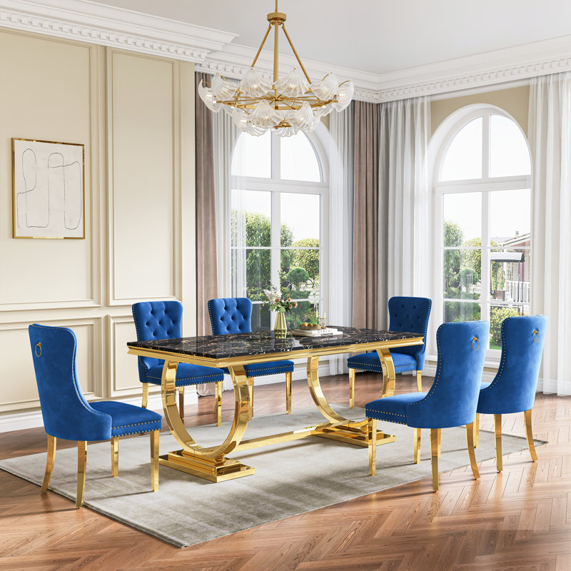 Rectangular 70.1"L X 35"W Dining Set, Bleu / doré, Noir et or, 7 pièces : table, 6 chaises