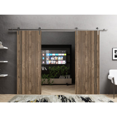 Portes doubles coulissantes de style grange avec quincaillerie Planum 0016 Noyer, rail de 3,96 m (13 pi), supports robustes, ensemble moderne à panneaux pleins, pour intérieur, hall, chambre, salle de bain - 91,4 cm x 213,4 cm (2 x 45,7 cm x 213,4 cm) - Rail argenté