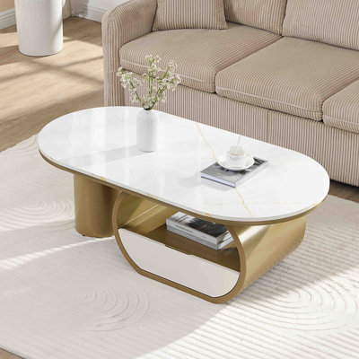 Table basse ovale de luxe moderne, table basse à plateau en faux marbre avec tiroir de rangement, table centrale