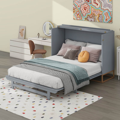 Murphy Queen Bed With Frosted Glass Doors Design, Fake Drawers, Metal Legs