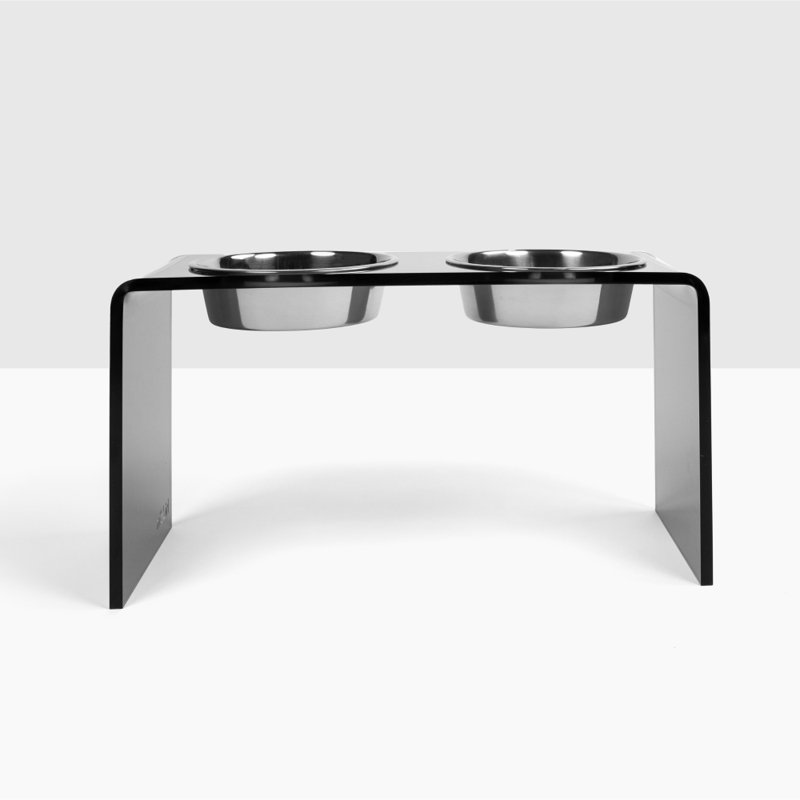 Tall Smoke Grey Double Bowl Elevated Pet Feeder, Silver