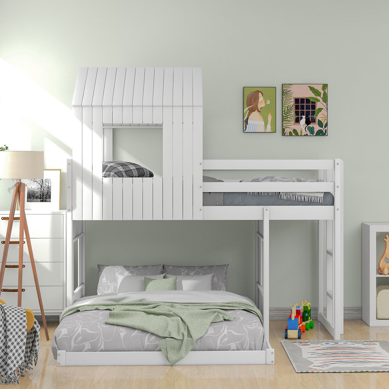 Lit superposé simple en bois sur lit double, lit mezzanine avec maisonnette, maison de campagne, échelle et garde-corps, blanc