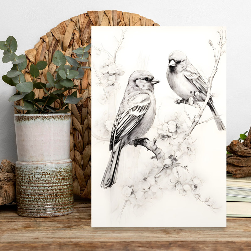 Two Sparrows Among Blossoms Delicate Contemporary Bird Flower Nature Wall Art Print 1 Piece Wrapped Canvas Wall Art